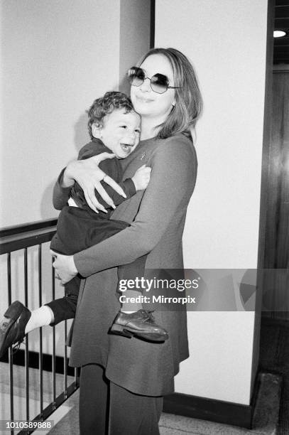 Barbra Streisand leaving Heathrow Airport for New York with her son Jason, aged 2, 10th April 1969.