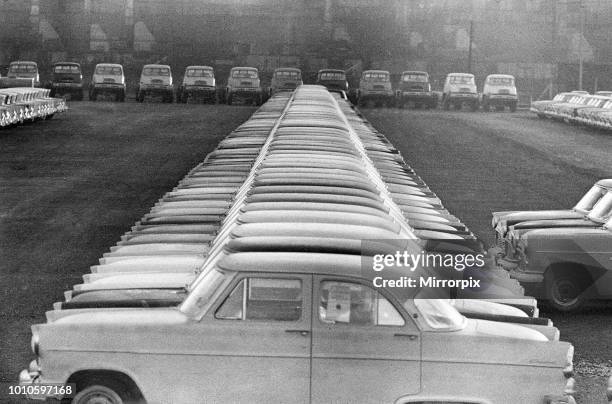 General scenes outside the Ford paint, trim and assembly plant in Dagenham, Essex as new Ford cars roll off the production line, 16th November 1960.