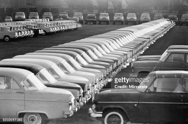 General scenes outside the Ford paint, trim and assembly plant in Dagenham, Essex as new Ford cars roll off the production line, 16th November 1960.