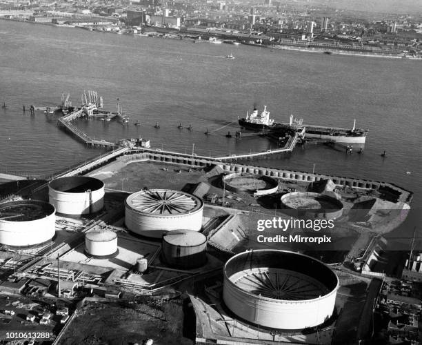 Tranmere Oil Terminal, showing the tanks under construction. Circa 1960.