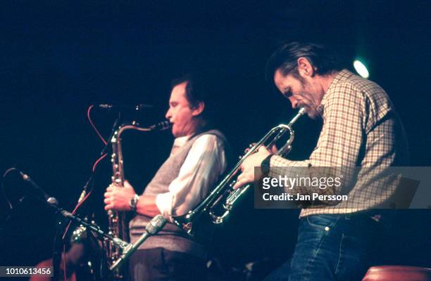 American jazz trumpeter Chet Baker and American jazz saxophonist Stan Getz, Jazzhouse Montmartre, Copenhagen, February 1983.