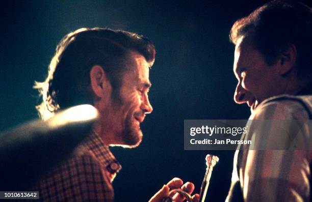 American jazz trumpeter Chet Baker and American jazz saxophonist Stan Getz performing together at Jazzhouse Montmartre Copenhagen February 1983.