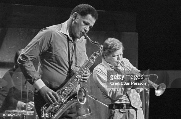 Dexter Gordon and Red Rodney rehearsal at Danish TV-studio Copenhagen April 1975. American jazz saxophonist.