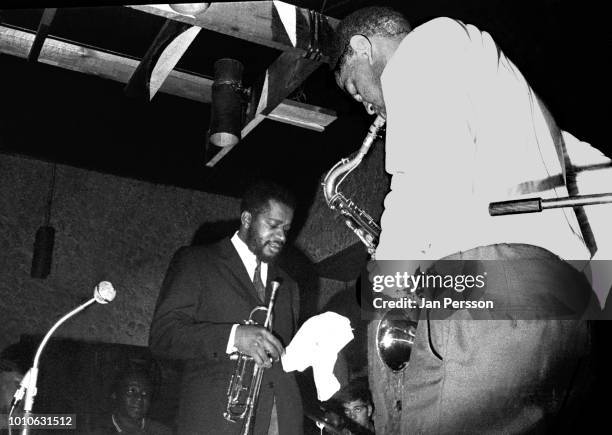 American jazz trumpeter Donald Byrd and American jazz saxophonist Dexter Gordon performing at Jazzhouse Montmartre Copenhagen Denmark 1965.