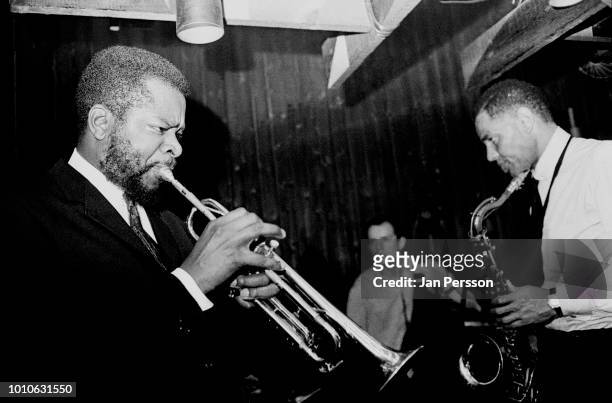 American jazz trumpeter Donald Byrd and American jazz saxophonist Dexter Gordon performing at Jazzhouse Montmartre Copenhagen Denmark 1965.