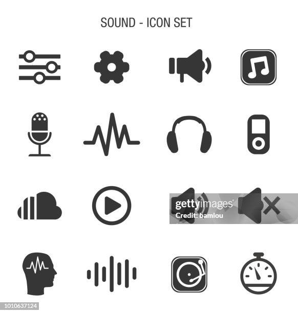 ilustraciones, imágenes clip art, dibujos animados e iconos de stock de conjunto de iconos de sonido - auriculares equipo de música