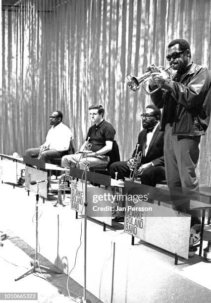 The trumpet group of Francy-Boland Big Band with from left Idrees Sulieman, Dusko Gojkovic Benny Bailey and Art Farmer TV-recording Copenhagen July...