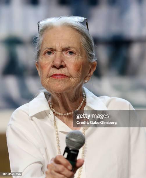Actress Joanne Linville speaks at the "Guest Stars of the Original Series - Part 2" panel during the 17th annual official Star Trek convention at the...
