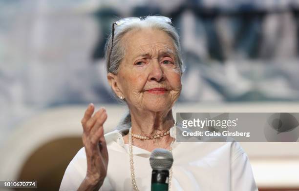 Actress Joanne Linville speaks at the "Guest Stars of the Original Series - Part 2" panel during the 17th annual official Star Trek convention at the...