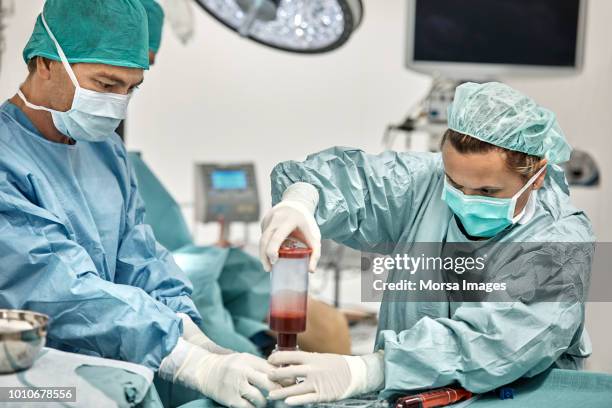 team of surgeons filtrating bone marrow - bone marrow transplant foto e immagini stock