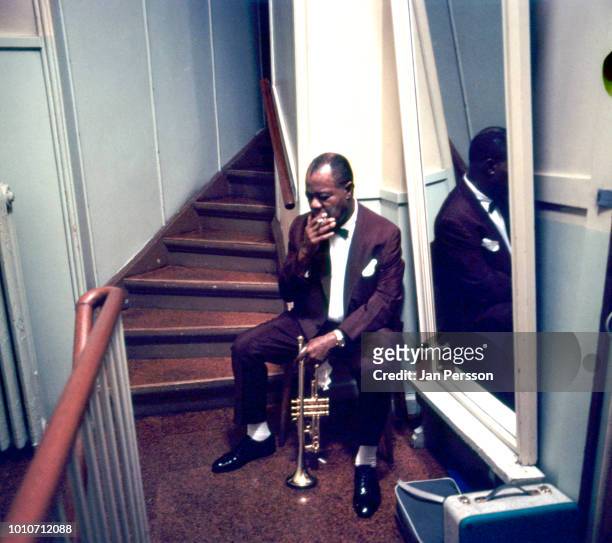 American jazz trumpeter Louis Armstrong backstage Odd Fellow Palaeet Copenhagen July 1966.