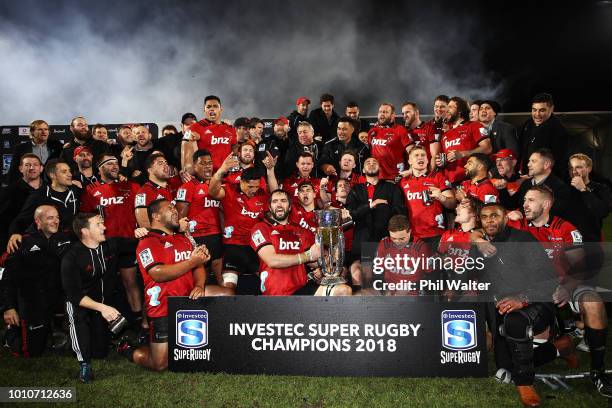 The Crusaders celebrate after winning the Super Rugby Final match between the Crusaders and the Lions at AMI Stadium on August 4, 2018 in...