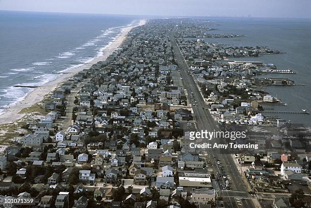 An aerial view looking south down the main road that runs the length of Long Beach Island September 21 in Long Beach Island, New Jersey. Long Beach...