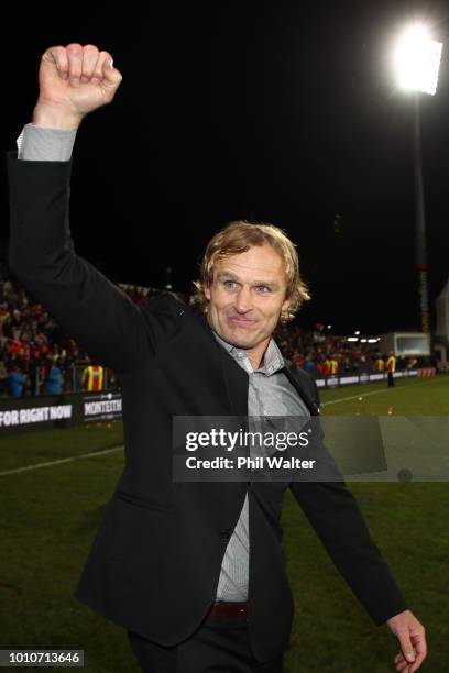 Crusaders coach Scott Robertson celebrates following the Super Rugby Final match between the Crusaders and the Lions at AMI Stadium on August 4, 2018...