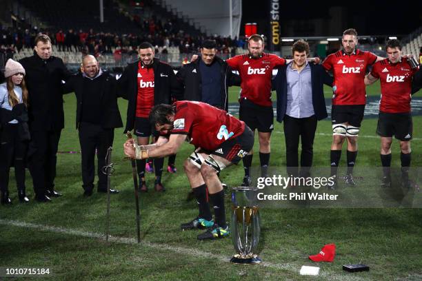 Crusaders captain Sam Whitelock celebrates following the Super Rugby Final match between the Crusaders and the Lions at AMI Stadium on August 4, 2018...