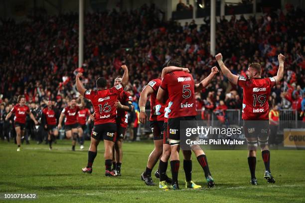 The Crusaders celebrate on full time during the Super Rugby Final match between the Crusaders and the Lions at AMI Stadium on August 4, 2018 in...