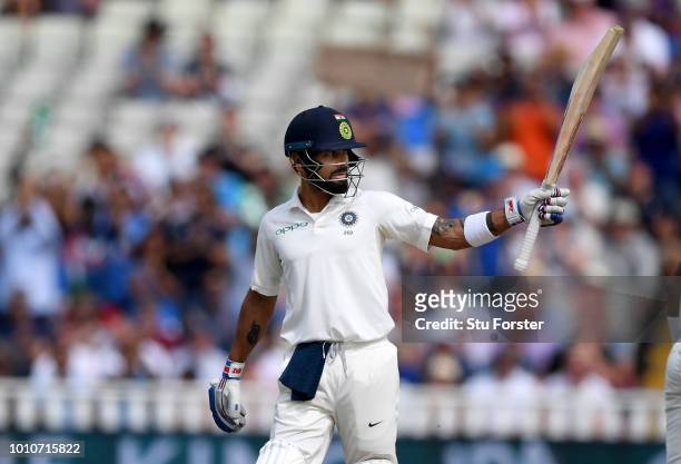 India batsman Virat Kohli reaches his 50 during day 4 of the First Specsavers Test Match between England and India at Edgbaston on August 4, 2018 in...