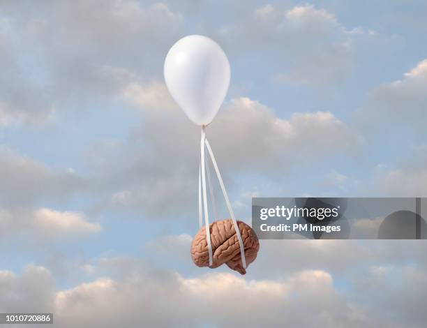 balloon carrying human brain - spiritual enlightenment stock pictures, royalty-free photos & images