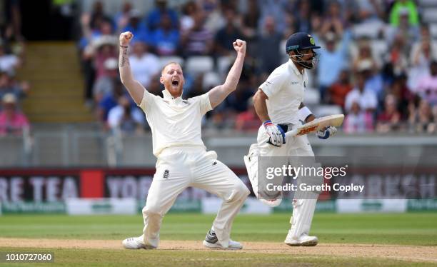 Ben Stokes of England celebrates dismissing India captain Virat Kohli during day four of the Specsavers 1st Test match between England and India at...