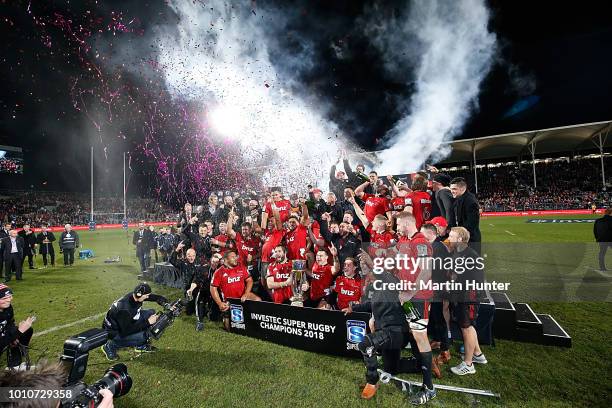 Crusaders celebrate winning the Super Rugby Final match between the Crusaders and the Lions at AMI Stadium on August 4, 2018 in Christchurch, New...