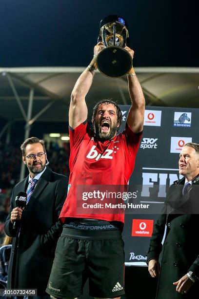 Crusaders captain Sam Whitelock celebrates with the Super Rugby Trophy after the Super Rugby Final match between the Crusaders and the Lions at AMI...