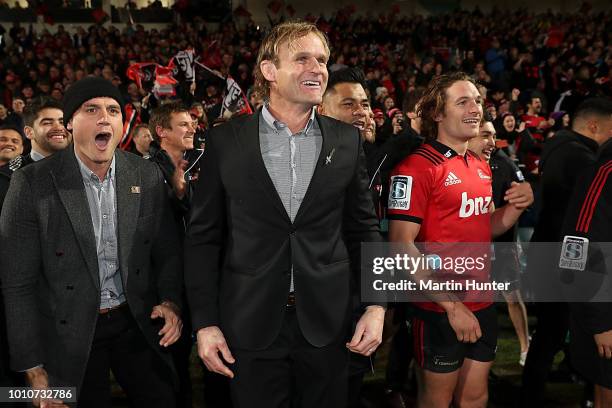 Crusaders head coach Scott Robertson celebrates after the Super Rugby Final match between the Crusaders and the Lions at AMI Stadium on August 4,...