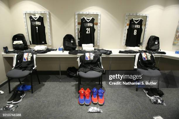 View of Timothe Luwawu-Cabarrot, Joel Embiid, and Al-Farouq-Aminu of Team Africa dressing room during the NBA Africa Game 2018 as part of the...