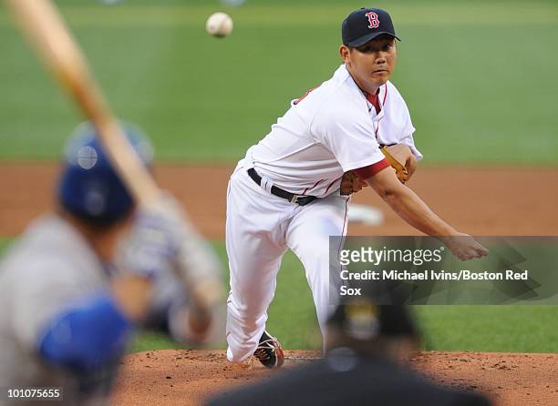 Daisuke Matsuzaka of the Boston Red Sox pitches against the Kansas City Royals in the first inning on May 27, 2010 at Fenway Park in Boston,...