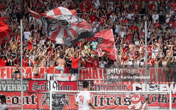 Fans of Halle during the third Liga match between Hallescher FC and SC Fortuna Koeln at erdgas-Sportpark on August 04, 2018 in Halle, Germany.