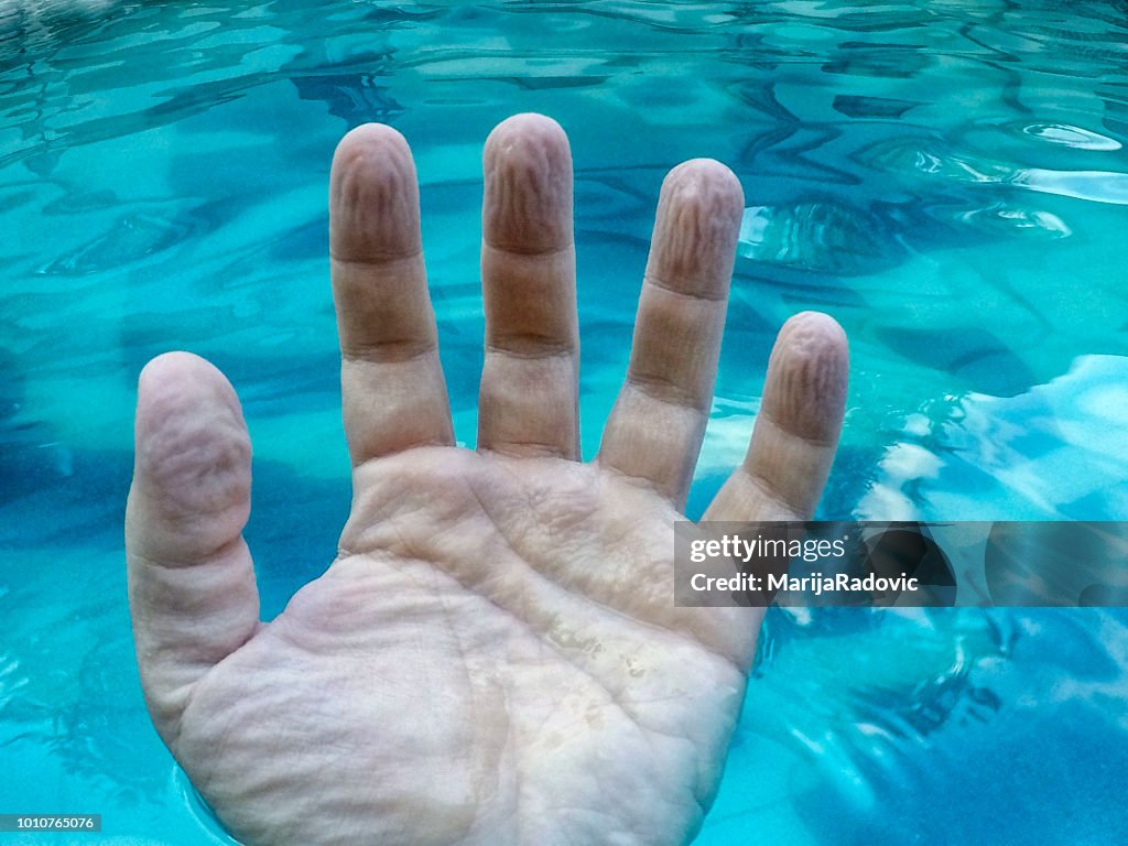Human hand wrinkled and shriveled due to the long stay in the water