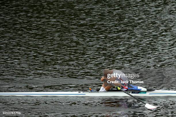 Marko Marjanovic of Serbia reacts following the Men's Single Sculls during the rowing on Day Three of the European Championships Glasgow 2018 at...