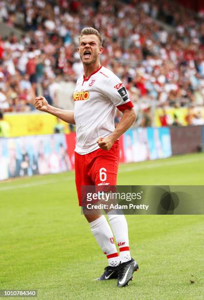 Benedikt Saller of Jahn Regensburg celebrates scoring a goal during the Second Bundesliga match between SSV Jahn Regensburg and FC Ingolstadt 04 at...