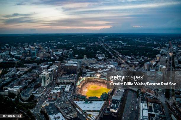 An aerial view of Fenway Park during a game between the Boston Red Sox and the New York Yankees on August 3, 2018 at Fenway Park in Boston,...