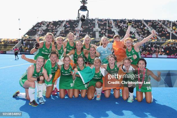 The Ireland players celebrate their victory during the Semi-Final game between Ireland and Spain of the FIH Womens Hockey World Cup at Lee Valley...