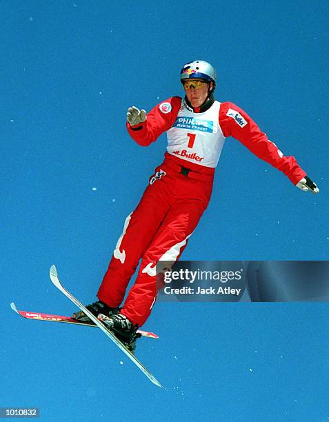 Jacqui Cooper of Australia flies above the Mount Buller world cup aerials site during the first round of the new world cup season, at the Philips...