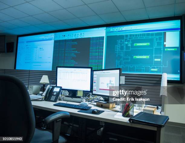 computer monitors and desk in network server control room - computer network ストックフォトと画像