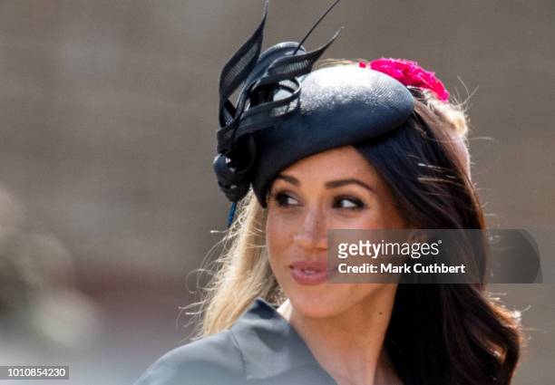 Meghan, Duchess of Sussex attends the wedding of Charlie Van Straubenzee and Daisy Jenks on August 4, 2018 in Frensham, United Kingdom. Prince Harry...