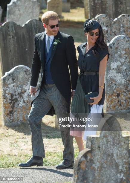 Prince Harry, Duke of Sussex and Meghan, Duchess of Sussex attend the wedding of Charlie Van Straubenzee and Daisy Jenks on August 4, 2018 in...