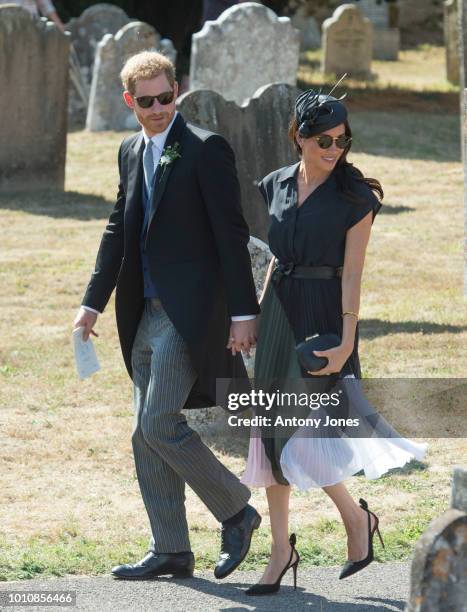 Prince Harry, Duke of Sussex and Meghan, Duchess of Sussex attend the wedding of Charlie Van Straubenzee and Daisy Jenks on August 4, 2018 in...