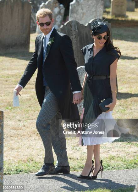 Prince Harry, Duke of Sussex and Meghan, Duchess of Sussex attend the wedding of Charlie Van Straubenzee and Daisy Jenks on August 4, 2018 in...