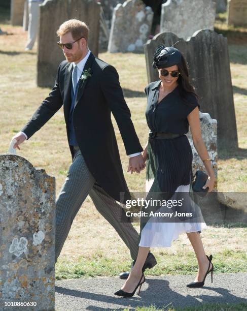 Prince Harry, Duke of Sussex and Meghan, Duchess of Sussex attend the wedding of Charlie Van Straubenzee and Daisy Jenks on August 4, 2018 in...