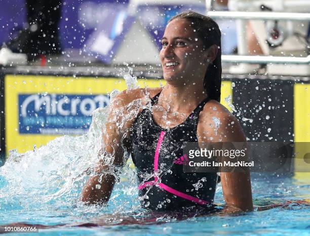 Simona Quadarella of Italy celebrates victory in the Women's 800m Freestyle Swimming Final on Day three of the European Championships Glasgow 2018 at...