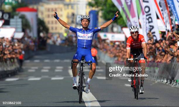 Arrival / Julian Alaphilippe of France and Team Quick-Step Floors / Celebration / Bauke Mollema of The Netherlands and Team Trek Segafredo / during...