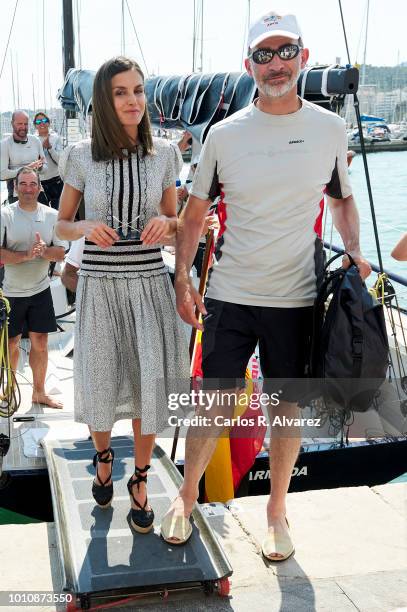 Queen Letizia of Spain picks up King Felipe of Spain at the end of the last day of the 37th Copa del Rey Mapfre sailing cup on August 4, 2018 in...