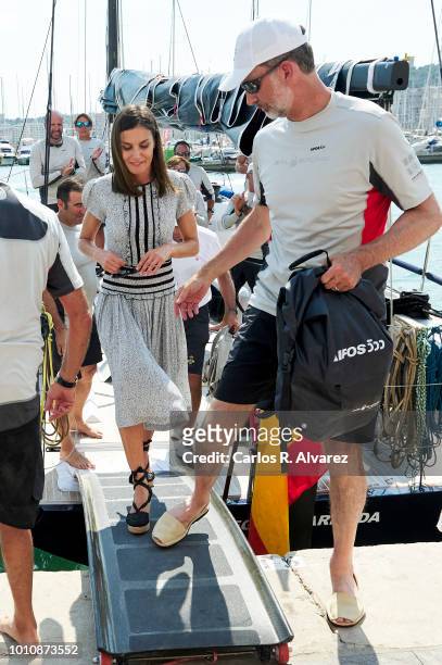 Queen Letizia of Spain picks up King Felipe of Spain at the end of the last day of the 37th Copa del Rey Mapfre sailing cup on August 4, 2018 in...