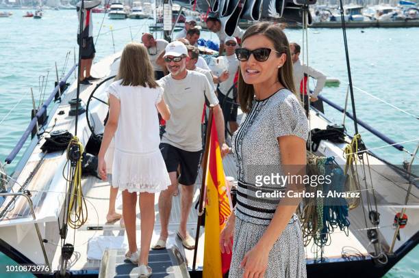 Queen Letizia of Spain pick up King Felipe of Spain at the end of the last day of the 37th Copa del Rey Mapfre sailing cup on August 4, 2018 in Palma...