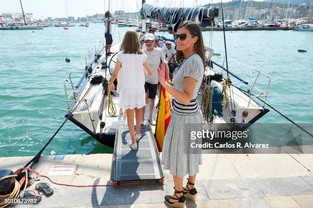 Queen Letizia of Spain pick up King Felipe of Spain at the end of the last day of the 37th Copa del Rey Mapfre sailing cup on August 4, 2018 in Palma...