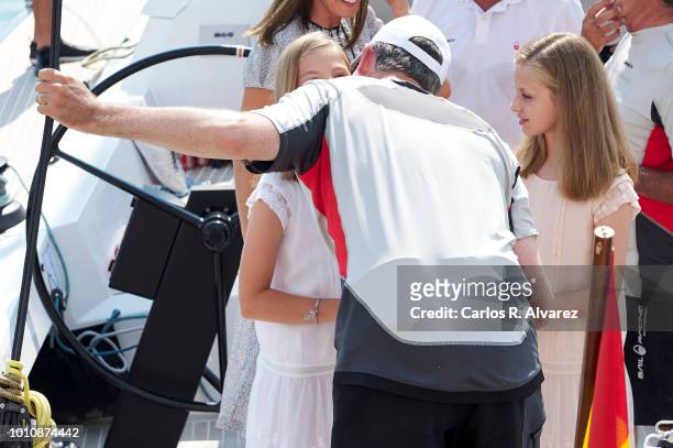 Princess Leonor of Spain and Princess Sofia of Spain pick up King Felipe of Spain at the end of the last day of the 37th Copa del Rey Mapfre sailing...