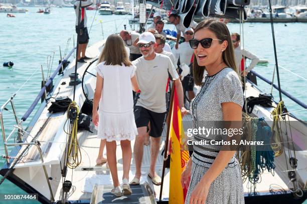 Queen Letizia of Spain pick up King Felipe of Spain at the end of the last day of the 37th Copa del Rey Mapfre sailing cup on August 4, 2018 in Palma...