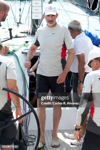 King Felipe VI of Spain on board of Aifos the last day of the 37th Copa del Rey Mapfre sailing cup on August 4, 2018 in Palma de Mallorca, Spain.